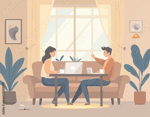 man and sister  sitting on a chair and working on a laptop