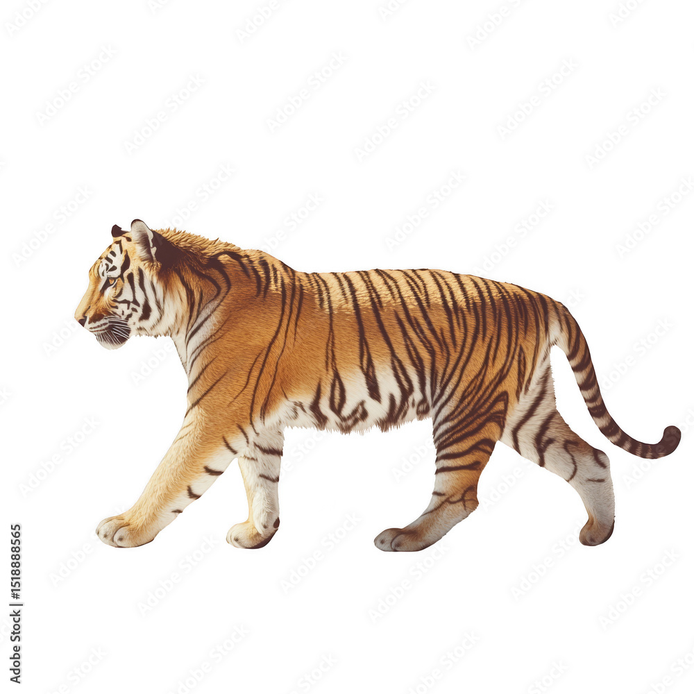 Obraz premium A majestic tiger walking gracefully, showcasing its striking orange fur and black stripes. Png, Transparent background.
