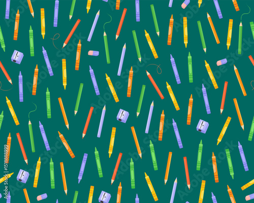 Seamless pattern, colorful pencils, crayons and sharpeners, stationery on a dark green background. Cute childish ornament for fabric, paper, print.