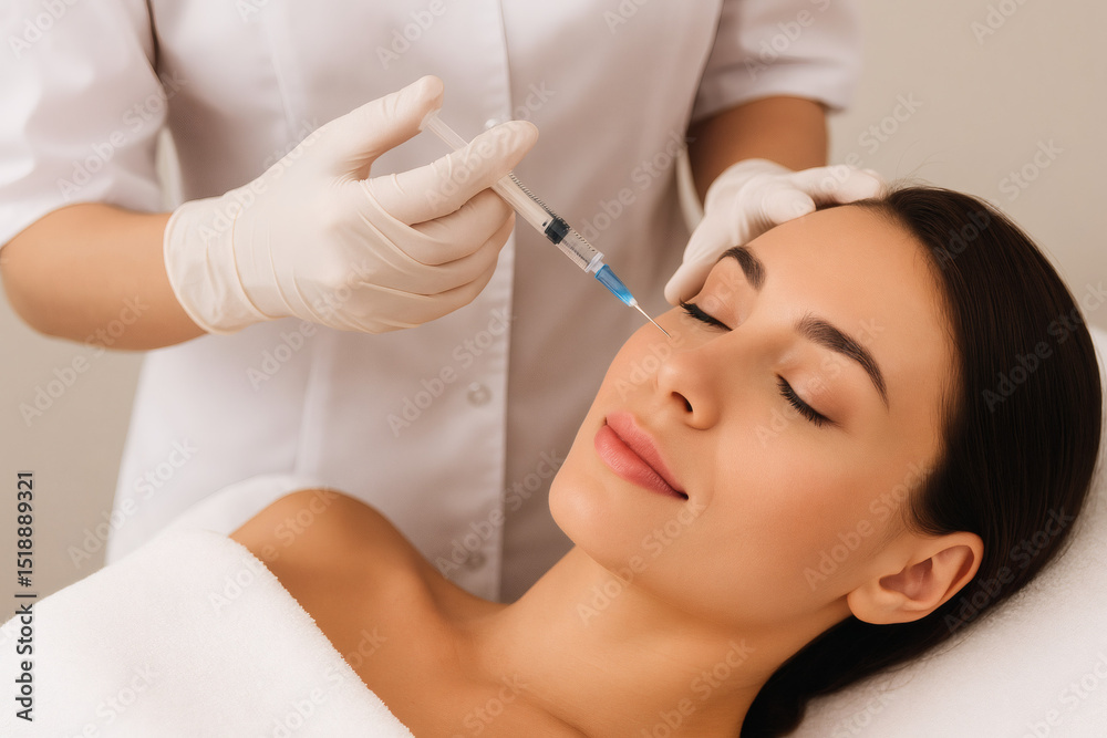 Fototapeta premium A person in a white medical uniform and gloves administers an injection to a woman lying on a treatment bed. 