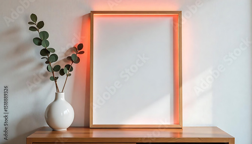 Square wooden frame mockup on white wall with copy space for artwork presentation. Eucalyptus branch in vase decorates interior. Minimalist design suits quote picture painting. Natural sunlight gives