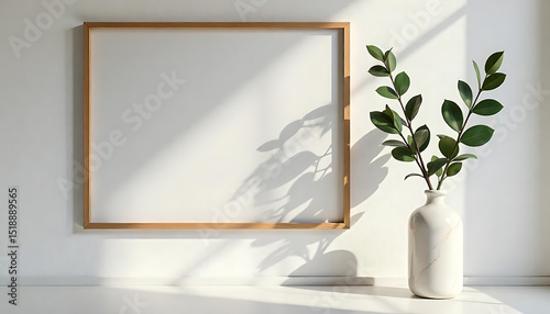 Square wooden frame mockup on white wall with copy space for artwork presentation. Eucalyptus branch in vase decorates interior. Minimalist design suits quote picture painting. Natural sunlight gives