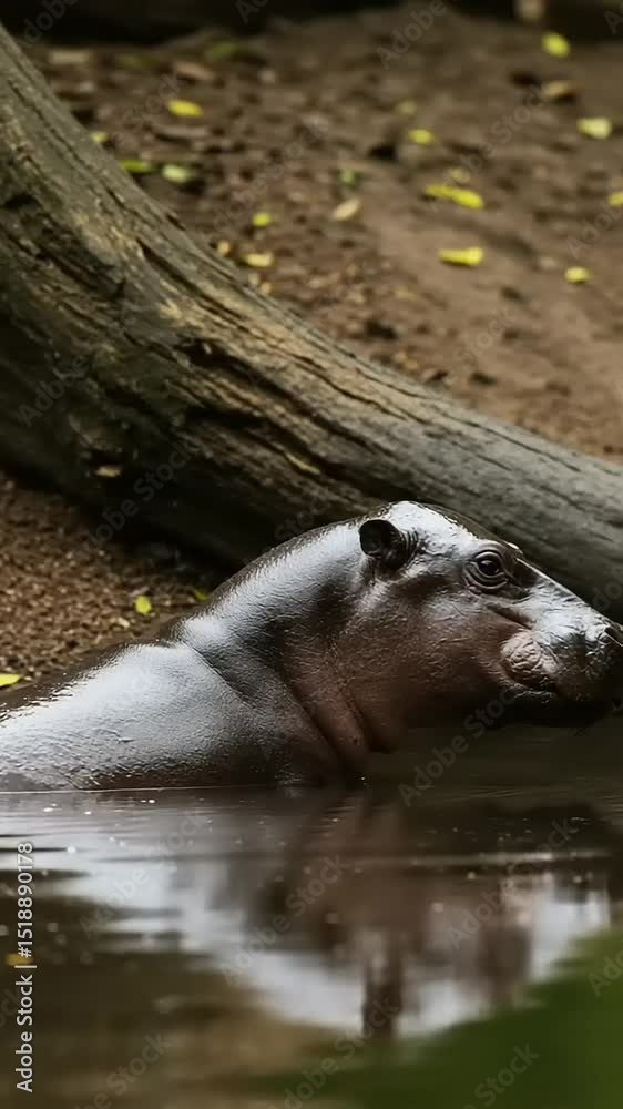 Hippo emerging from water near a log in nature