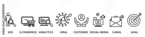 Digital marketing banner vector illustration concept with icon of SEO, e-commerce, analytics, viral, customer, social media, e-mail and goal 
