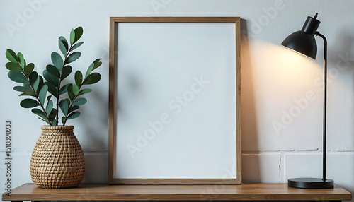 Square wooden frame mockup on white wall with copy space for artwork presentation. Eucalyptus branch in vase decorates interior. Minimalist design suits quote picture painting. Natural sunlight gives