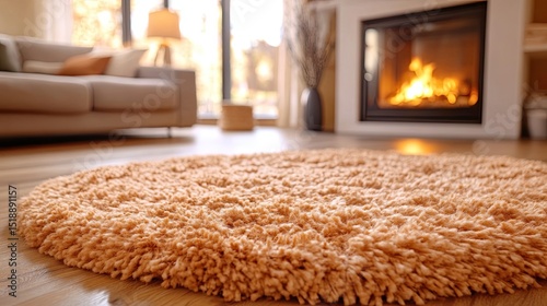 A cozy living room featuring a round shag rug a fireplace and a comfortable looking sofa in the background