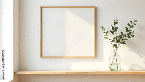 Square wooden frame mockup on white wall with copy space for artwork presentation. Eucalyptus branch in vase decorates interior. Minimalist design suits quote picture painting. Natural sunlight gives