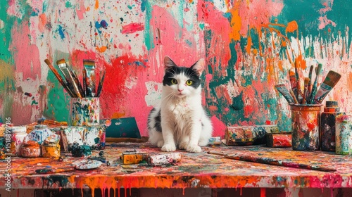 Wallpaper Mural Artistic Feline: A Black and White Cat Amidst a Colorful Painter's Studio Torontodigital.ca
