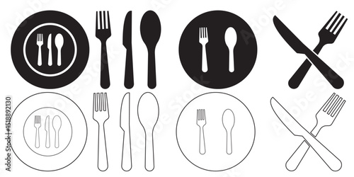 Fork, spoon, knife and plate. Menu symbol. Tableware instruments. Restaurant icon. Food, plate, fork, knife, spoon, cutlery icon set.