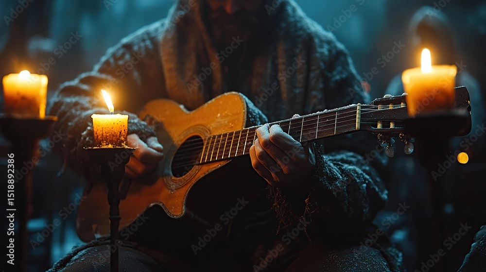 Obraz premium A man plays guitar by candlelight