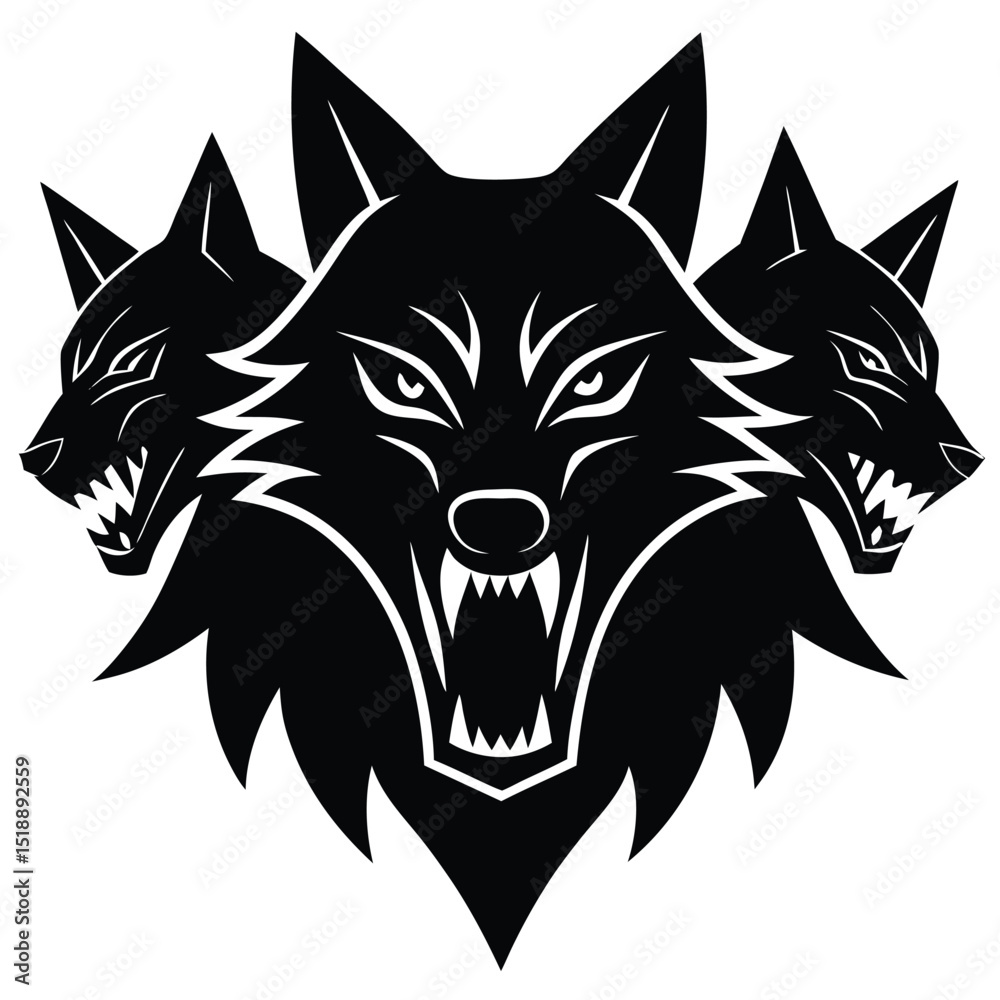 Obraz premium Fierce black wolf heads with sharp teeth in aggressive growling expression vector illustration
