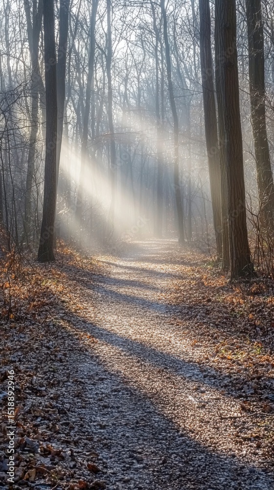Fototapeta premium Serene forest pathway with sunlight streaming through tall trees du winter with frost covered ground and misty atmosphere creating a peaceful natural scene