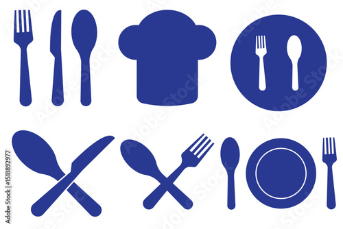 Fork, knife, plate and spoon. Menu symbol. Restaurant icon. Food, plate, fork, knife, spoon, cutlery icon set. Vector