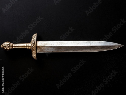 Ornate gladius sword with silver blade on black background.