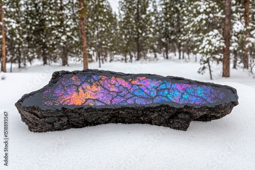 Iridescent labradorite stone resting on snow in a forest.