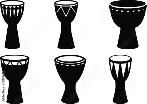 Collection of Black and White Drum Illustrations Representing Musical Instruments
