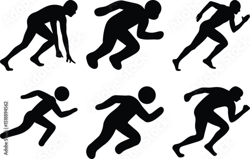 Silhouette icons of six different running poses, Set of six black silhouette icons depicting various running poses, showing the movement and action of a person running.
