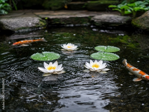 Koi fish swim among water lilies in a tranquil pond.
