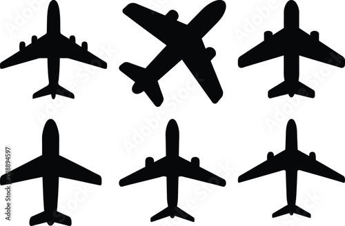 Silhouetted airplanes in flight illustration on a white background collection vector
