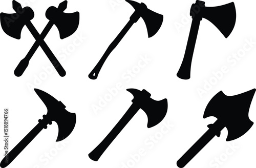 Variety of axes with different blade shapes and handle designs shown