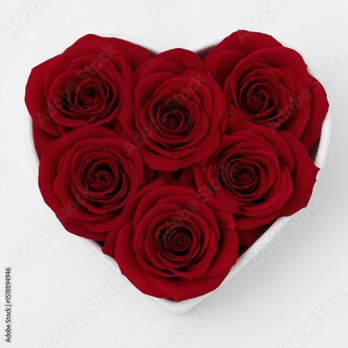 Heart-shaped box filled with velvety red roses.