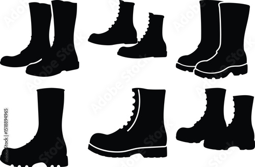 Black Boot Collection Featuring Various Styles and Heights in a Vector Illustration