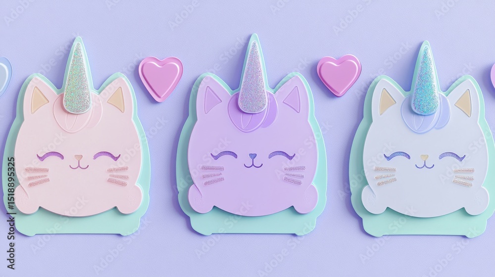 Charming set of student name badges showing sleepy cat faces adorned with crystal unicorn horns, soft mint and lavender color palette, rainbow whiskers, holographic shimmer effects, heart-shaped Charming set of student name badges showing sleepy cat faces adorned with crystal unicorn horns, soft mint and lavender color palette, rainbow whiskers, holographic shimmer effects, heart-shaped