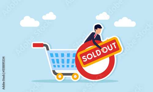 Businessman appears from behind a circle next to a shopping cart holding a sold out sign illustration of business product stock sold out
