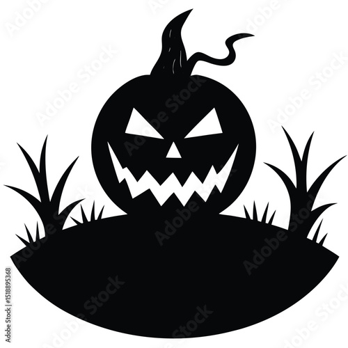 Spooky black halloween jack o lantern silhouette with grass and scary facial expression