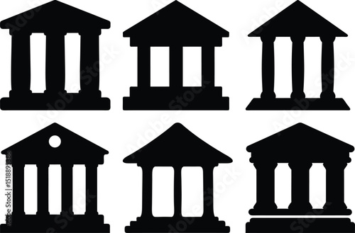 Collection of Six Stylized Courthouse or Bank Building Silhouette Icons for Design
