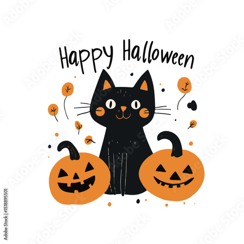 Halloween party invitation card with a spooky pumpkin, cute black cat and ghost.