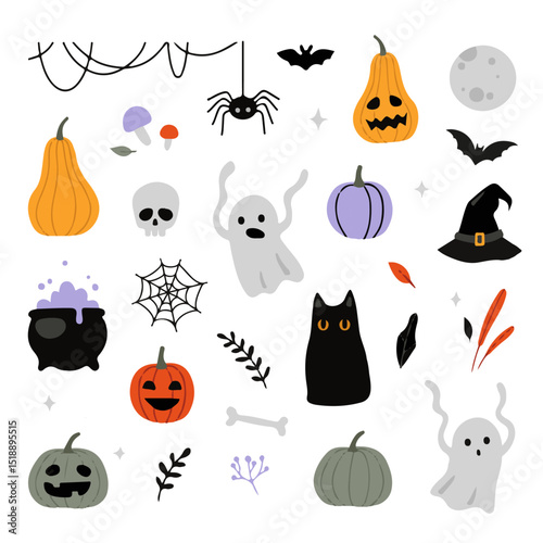 Halloween icon set. Set of autumn, festive elements. Pumpkins, cats, ghosts, leaves, potion.