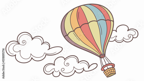 Vector colorful hot air balloon floats among fluffy clouds, creating whimsical scene