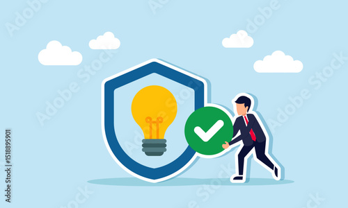 Businessman holding a checkmark next to a shield with a light bulb illustration of a proven successful business idea