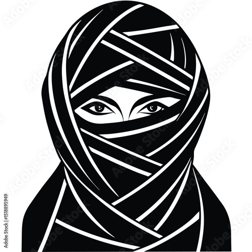 Vector illustration of a woman's eyes peering out from a wrapped hijab headdress in black and white