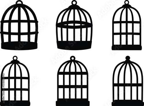 Silhouette icons of six different birdcage designs, Set of six black silhouette icons depicting various birdcage designs, each with distinct shapes and openings.
