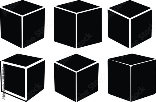 Six Black Stylized Cubes in Isometric Perspective Arranged in Two Rows