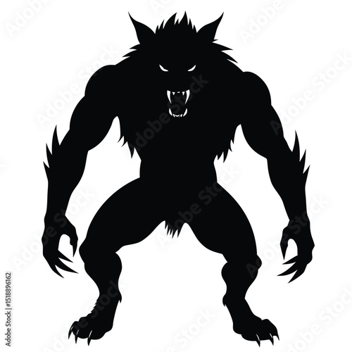 A menacing black silhouette of a werewolf with glowing eyes and sharp claws on white background