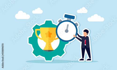 Businessman holding a stopwatch next to a gear with a trophy illustration of schedule improvisation in business work system to maintain position as leading company