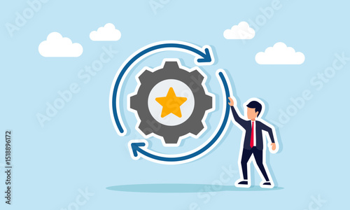 Businessman standing next to a gear with a star sign and surrounding arrows illustration of the need for periodic business quality standard improvisation