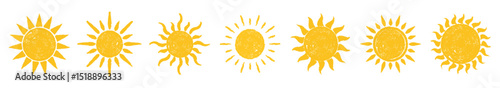 Set of sun vector grunge. Yellow sun star icons collection. Texture vintage design illustration. Abstract sunshine paint. Doodle hand drawn banner. Happy sun watercolor. Color logo morning. 