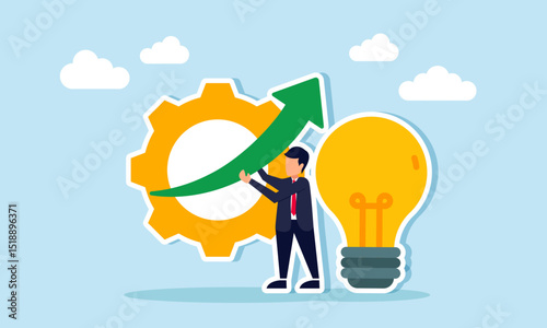 Businessman holding an upward arrow in front of a gear and lit lamp illustration of performance improvement through the right business idea implementation