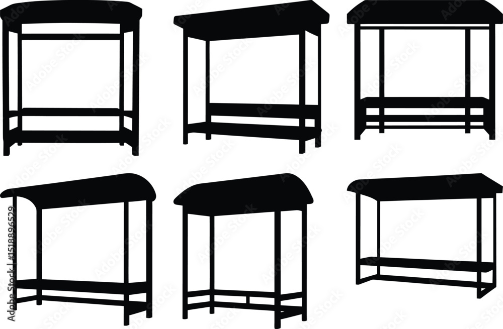 Silhouetted bus stops of various designs stand on the city streets Silhouetted bus stops of various designs stand on the city streets