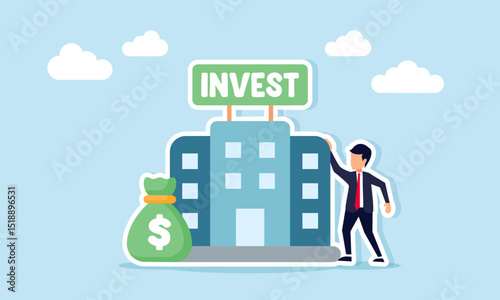 Businessman standing next to a money bag and a building labeled invest illustration of managing business financial investment