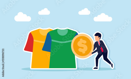 Businessman Holding Dollar Coin Beside Row of Clothes Illustration of Taking Profit from Famous Clothing Business