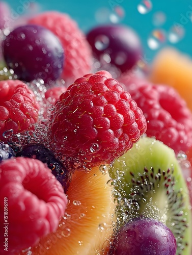 Vibrant Fruits Tossed in Air with Droplets and Bubbles Capturing Freshness and Joy