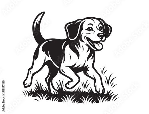 Black and white vector illustration of a happy Beagle dog walking on grass, with tongue out and tail up. Perfect for pet lovers, prints, and mascots.