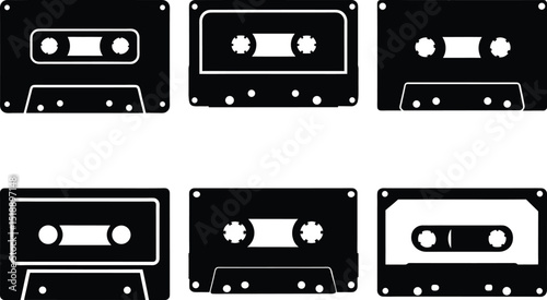 Black and white illustration depicting a collection of audio cassette tapes