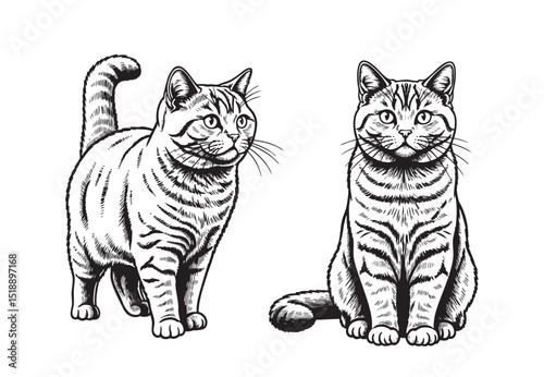 Highly detailed black and white vector of two British Shorthair cats, one standing and one sitting. Realistic fur texture, ideal for prints and pet designs. Animals.
