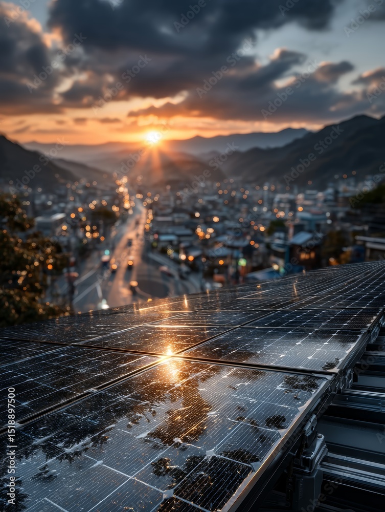Fototapeta premium Sunset Over Solar Panels with City Skyline and Green Energy Concept in Focus